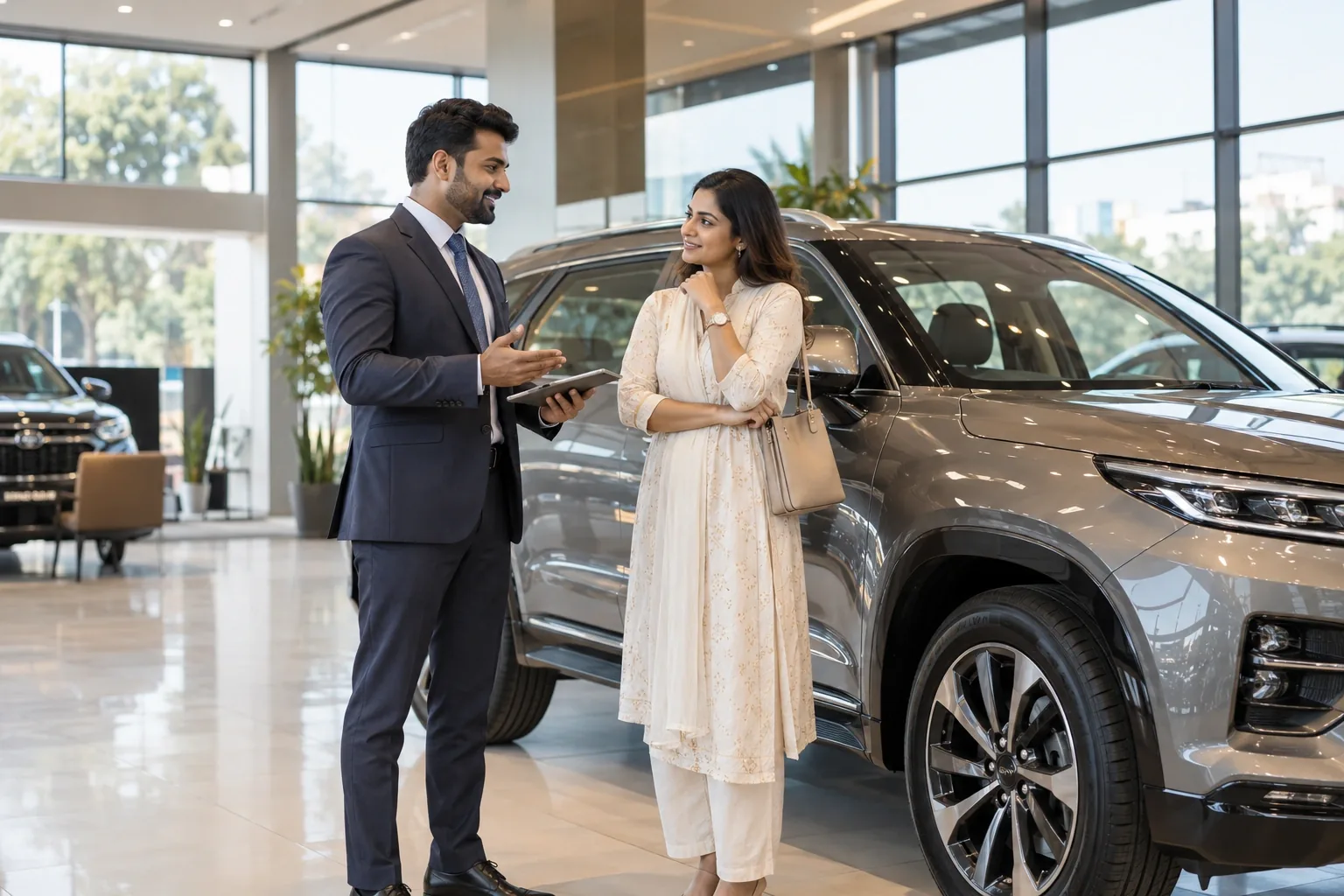 An Indian automotive consultant and adult customer talking beside a pristine unbranded metallic SUV in a beautiful contemporary car showroom, soft reflections and daylight.